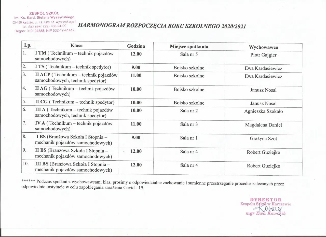 plan lekcji technik spedytor