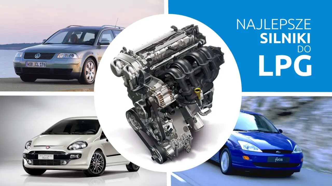 Silnik do LPG w samochodzie. Na zdjęciu widać silnik, kombi, białe auto miejskie i niebieski hatchback.