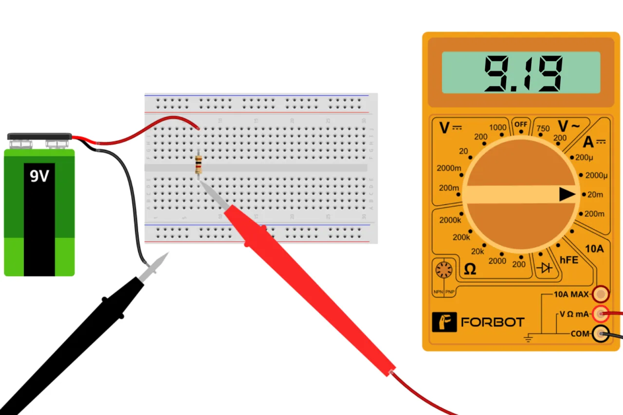 Bateria 9V podłączona do płytki stykowej z rezystorem. Multimetr pokazuje 9.19V, mierząc symbol napięcia.