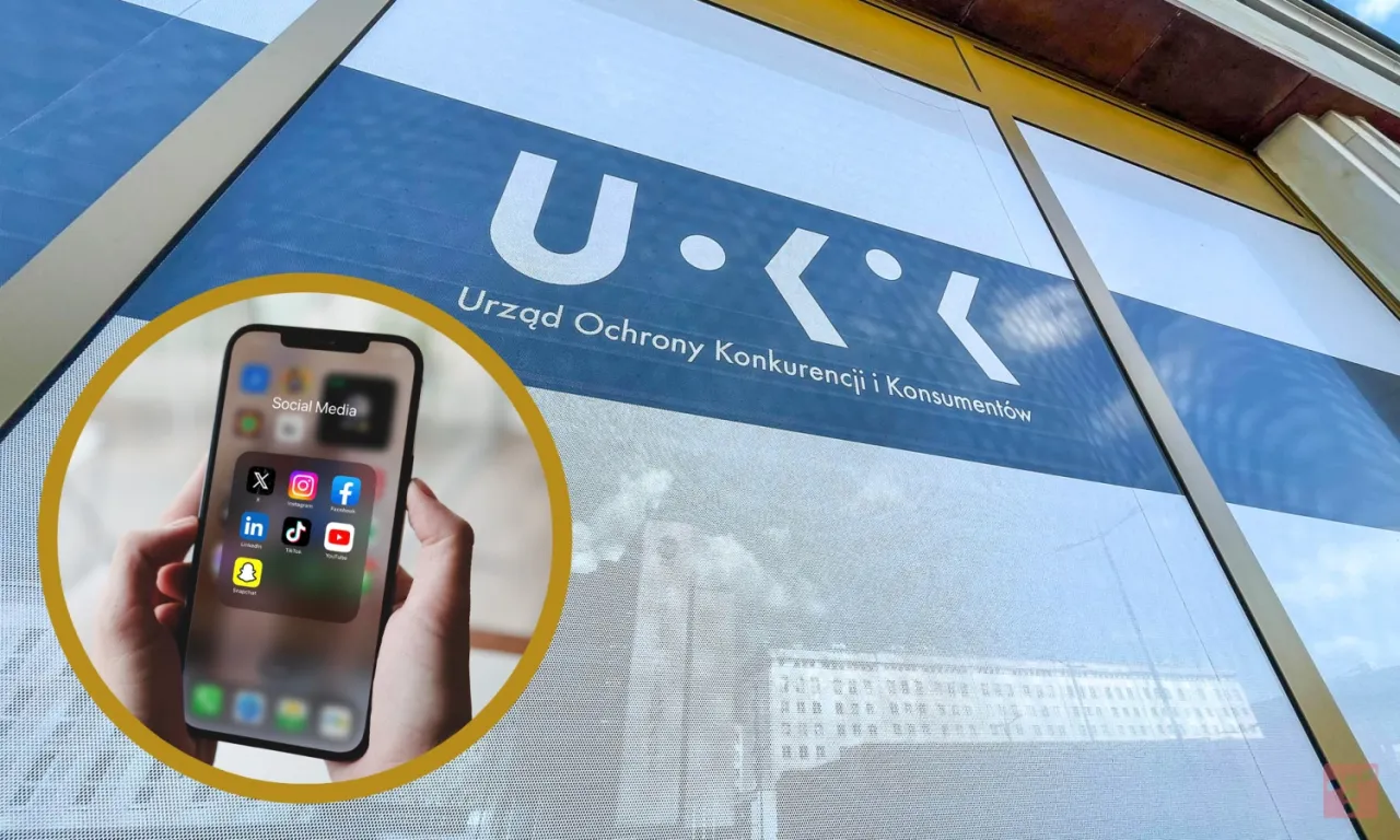 Czy influencerzy promujący szybkie pożyczki z nagrodami sami z nich korzystają? Dłoń trzyma smartfon z ikonami mediów społecznościowych na tle logo UOKiK.