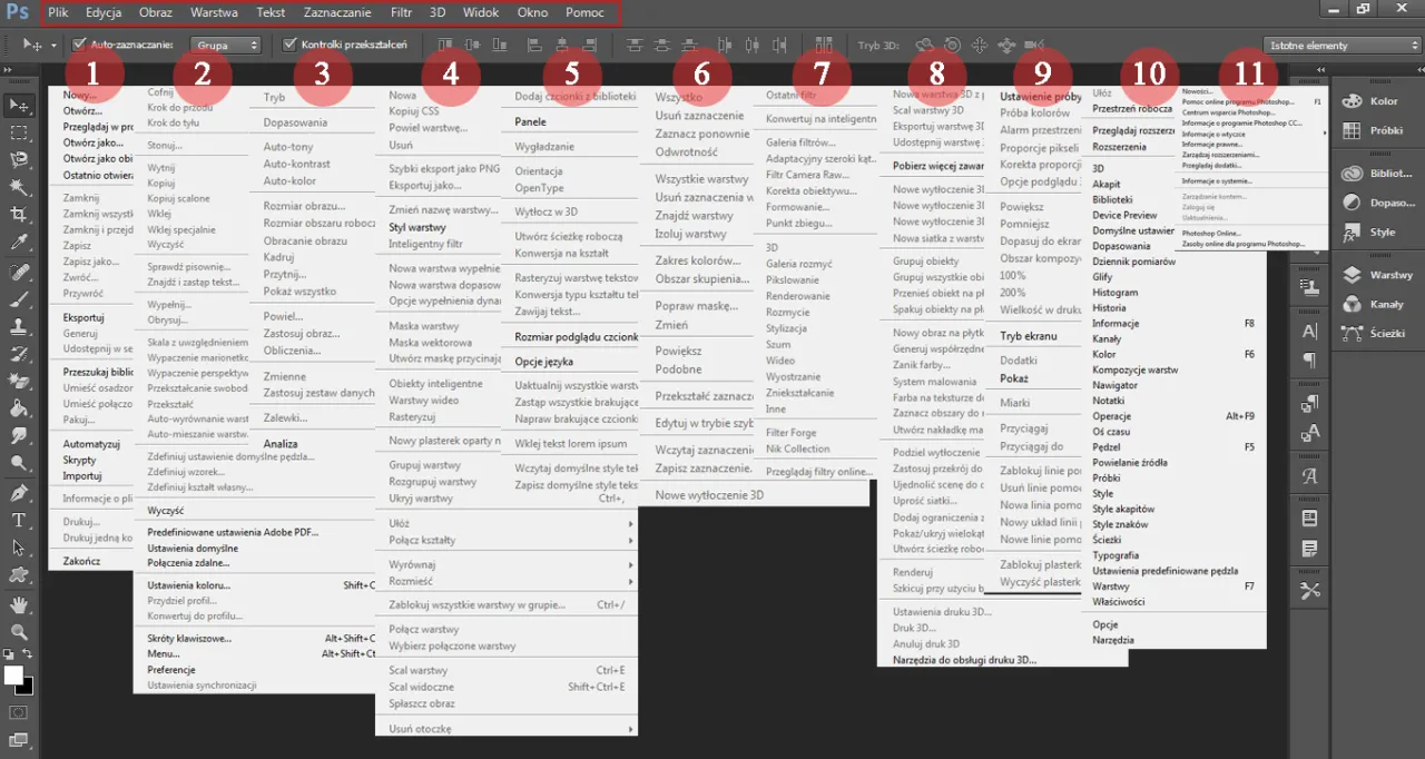 Photoshop menu Okno Narzędzia po polsku
