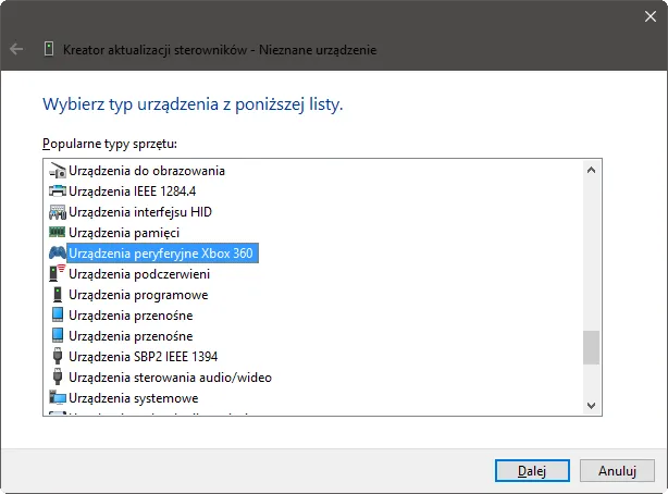 Menedżer Urządzeń nieznane urządzenie Xbox 360 receiver