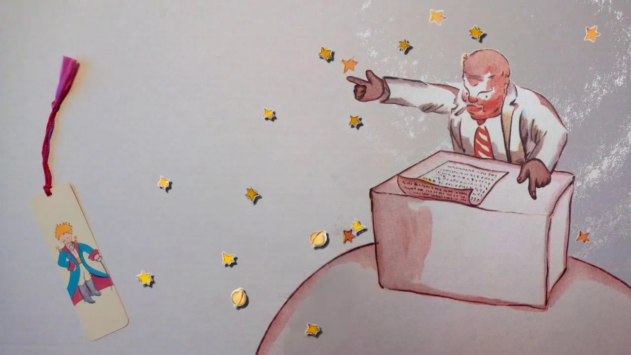 Der kleine Prinz auf einem Planeten mit einem Geschäftsmann