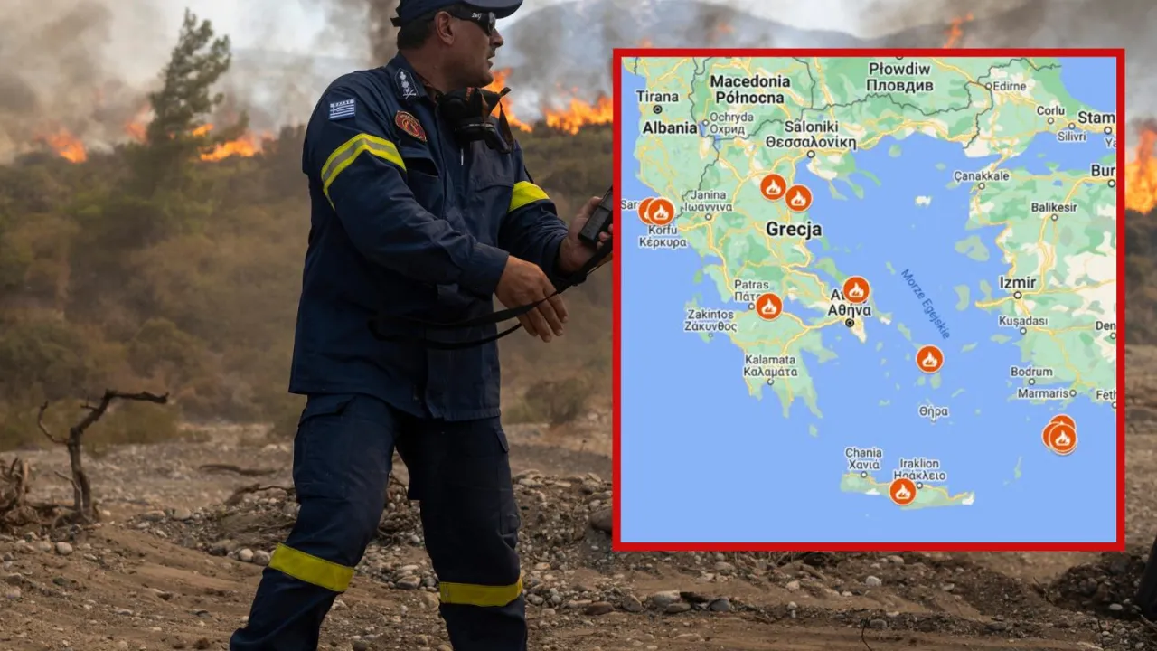 Strażak walczy z pożarem na tle mapy Grecji z zaznaczonymi ogniskami. Czy na wyspach greckich jest bezpiecznie?