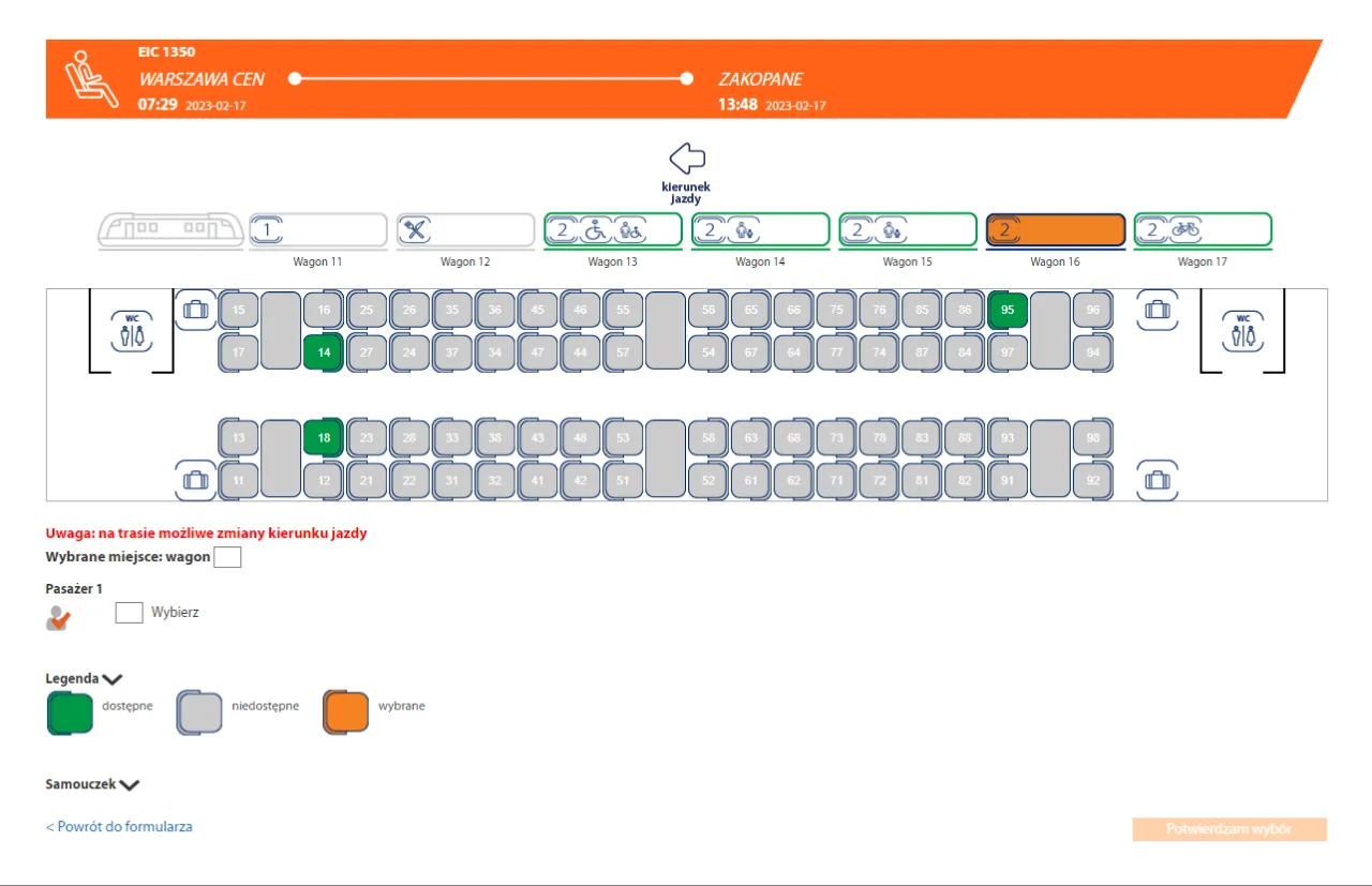 Wyb&oacute;r miejsca w intercity: schemat wagon&oacute;w z dostępnymi i zajętymi miejscami. Zaznaczono miejsce 14 i 18.
