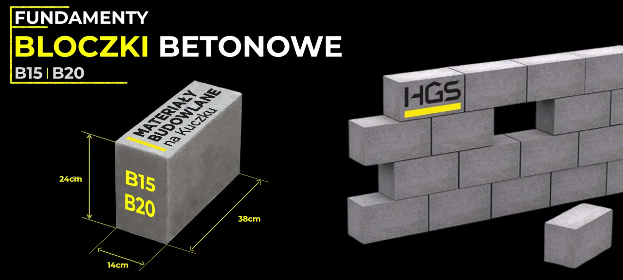 Bloczki betonowe B15 i B20 do fundament&oacute;w. Wymiary: 38x24x14cm. HGS.