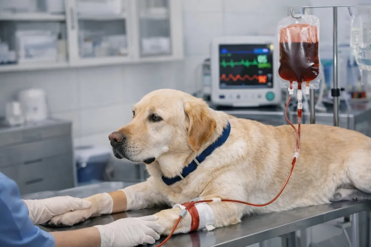 Pies otrzymujący transfuzję krwi