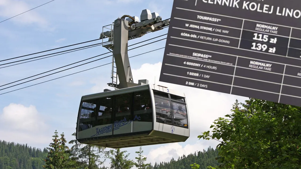 Kolejka linowa na Kasprowy Wierch z widocznym cennikiem. Ceny bilet&oacute;w normalnych to 115 zł (g&oacute;ra-d&oacute;ł) i 139 zł.
