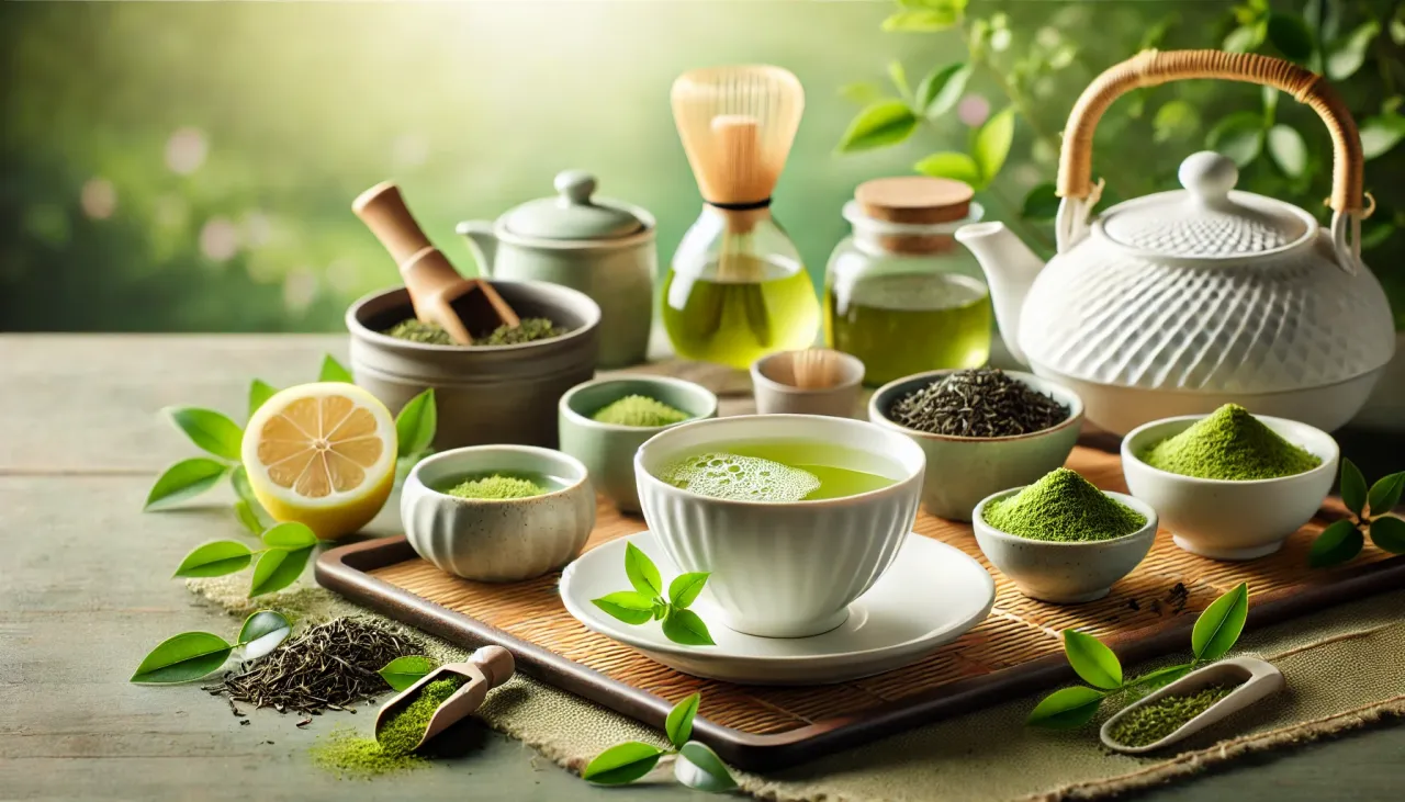 r&oacute;żne rodzaje zielonej herbaty liście i napary