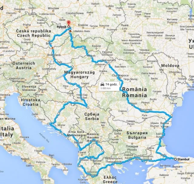 Mapa trasy Polska Czechy Słowacja Węgry Serbia Albania