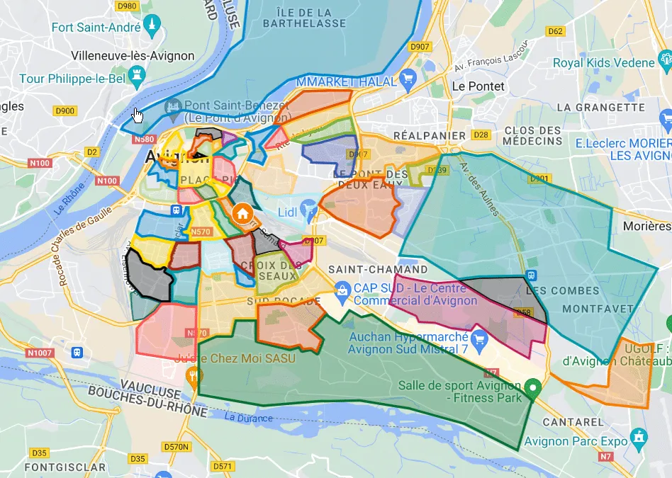 Carte des quartiers d'Avignon et Villeneuve-l&egrave;s-Avignon