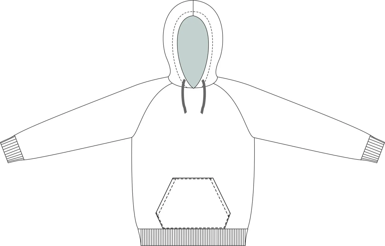 Schematyczny rysunek pokazuje, jak narysować bluzę z kapturem z kieszenią kangurką i ściągaczami.