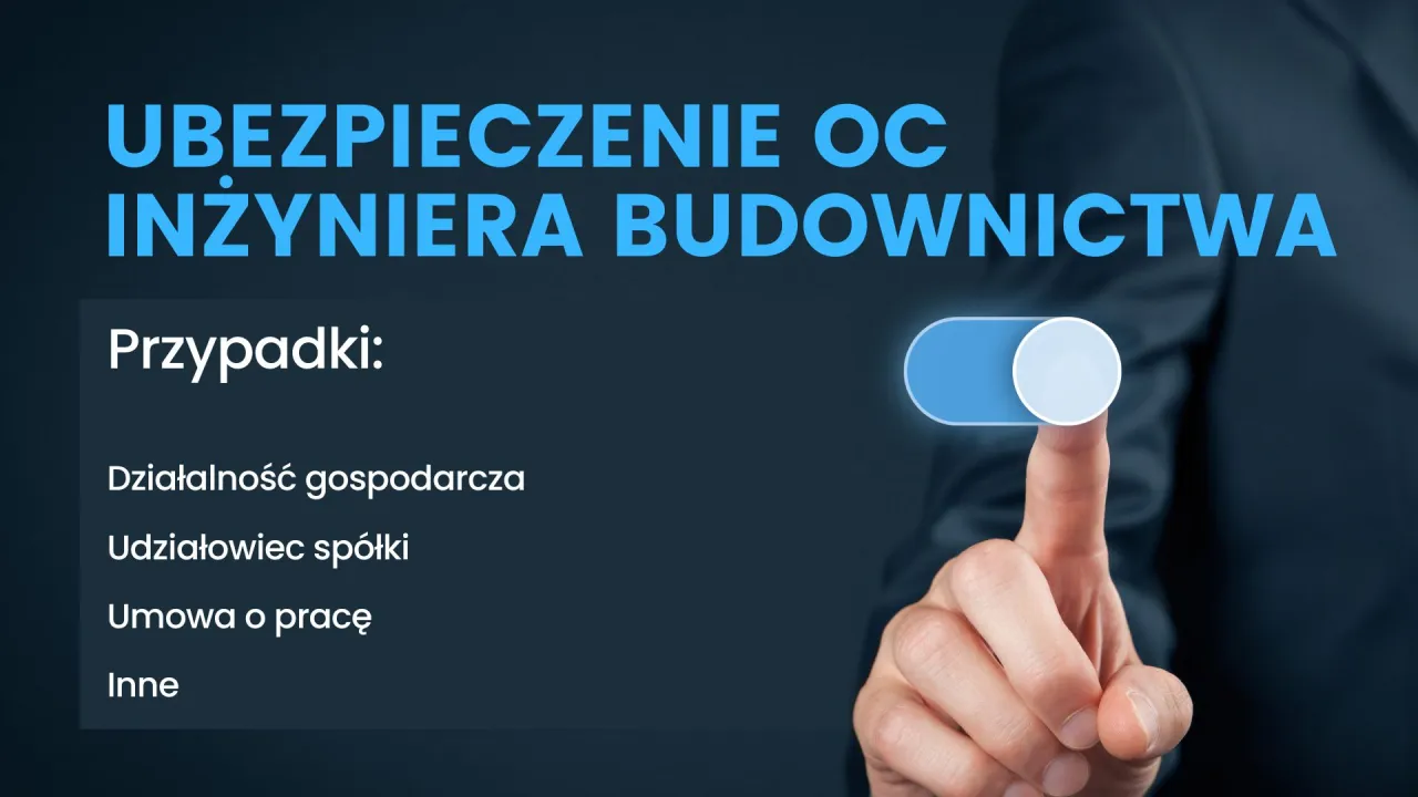 Ubezpieczenie OC inżyniera budownictwa. Palec wskazuje przełącznik, symbolizując decyzję o ochronie.