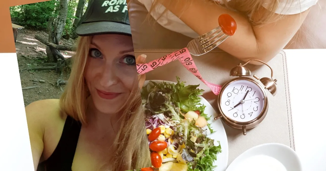 Post przerywany ile schudłam: uśmiechnięta kobieta w czapce, sałatka, miarka i budzik.