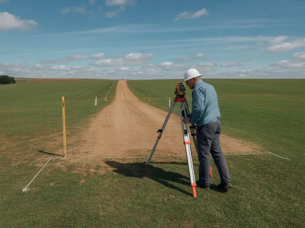 Geodeta z niwelatorem w terenie