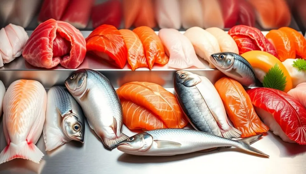 r&oacute;żne rodzaje ryb i owoc&oacute;w morza do sushi