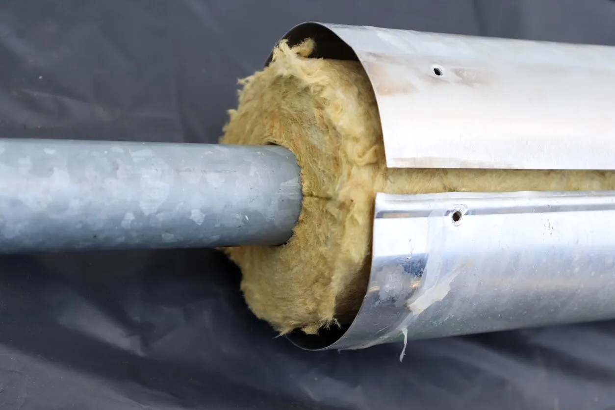 Izolacja rury z wełny mineralnej i metalowej osłony, sposób na to, jak ocieplić rury z wodą na zewnątrz.