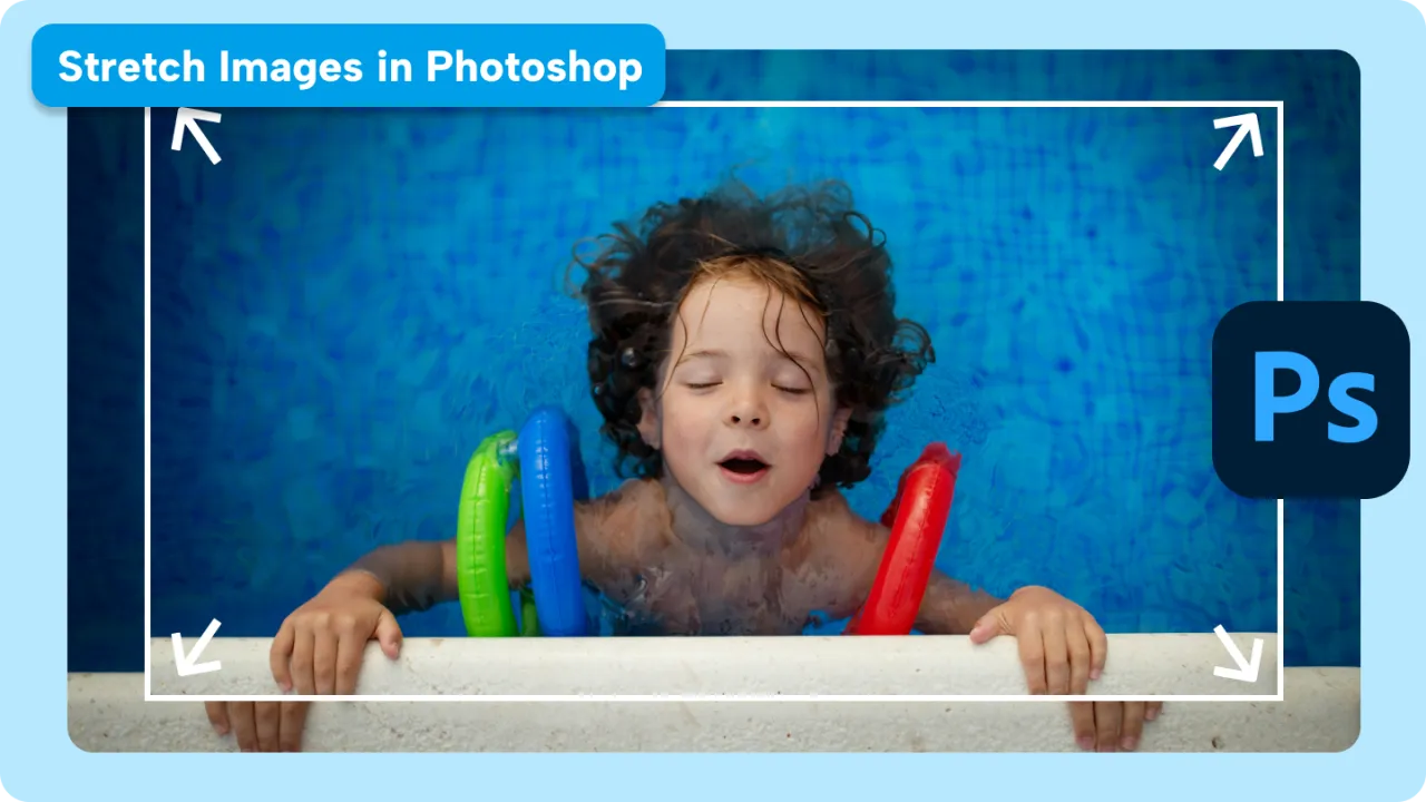 Chłopiec w basenie z kółkami, pokazujący jak rozciągnąć obraz w Photoshopie.