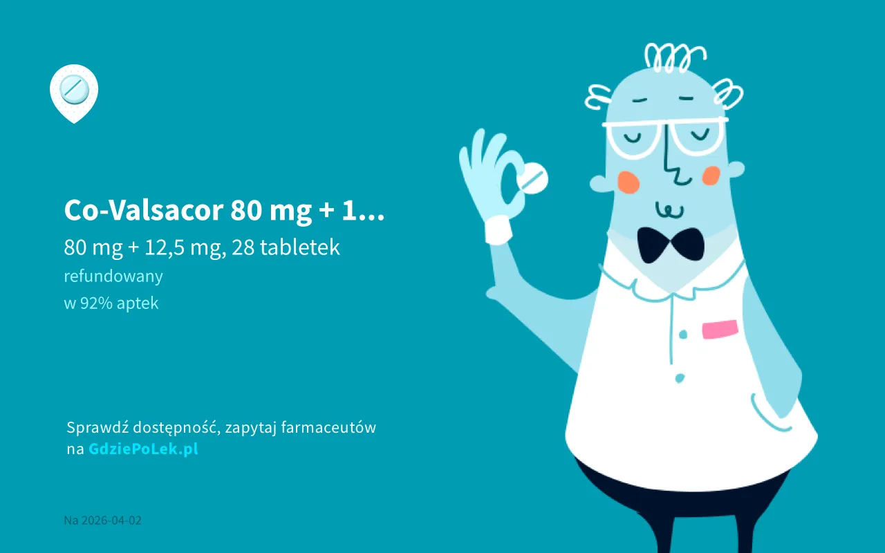 Co-Valsacor 80 mg + 12,5 mg, 28 tabletek. Zapytaj farmaceutę o skutki uboczne i dostępność.