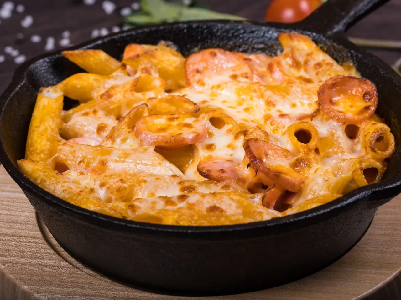 Makaron zapiekany z kiełbasą i ciągnącym serem w żeliwnej patelni. Idealna inspiracja, co mam zrobić na obiad.