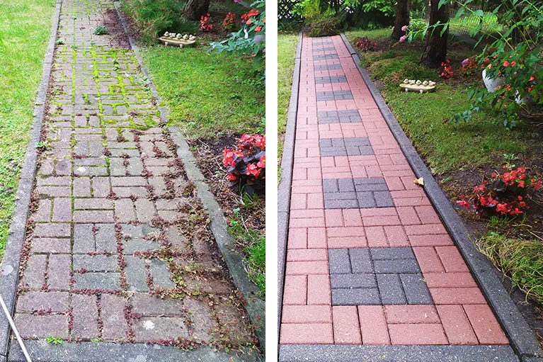 czyszczenie kostki brukowej przed i po