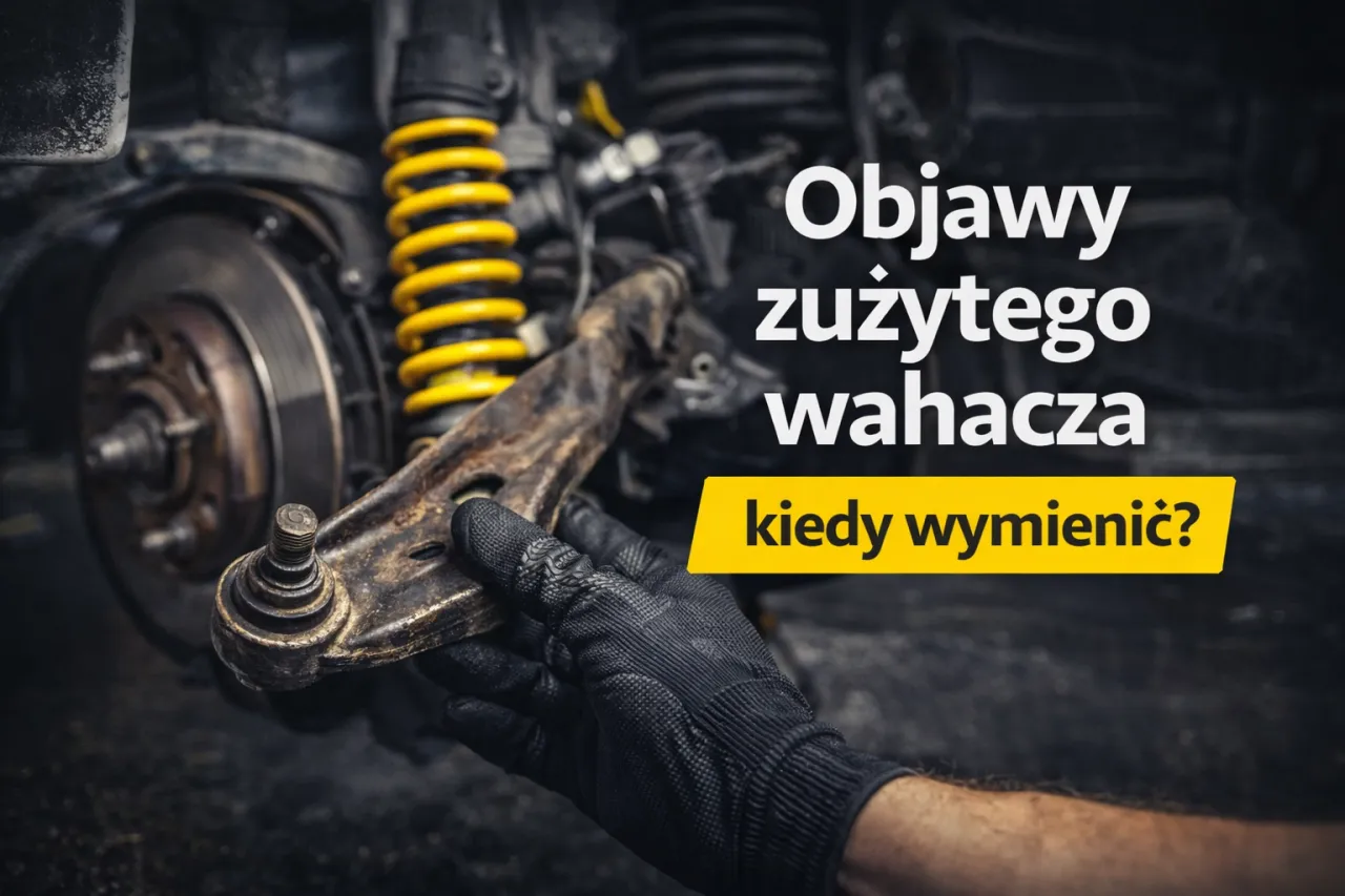 Mechanik w czarnej rękawicy trzyma zużyty wahacz w samochodzie, obok żółtej sprężyny amortyzatora.