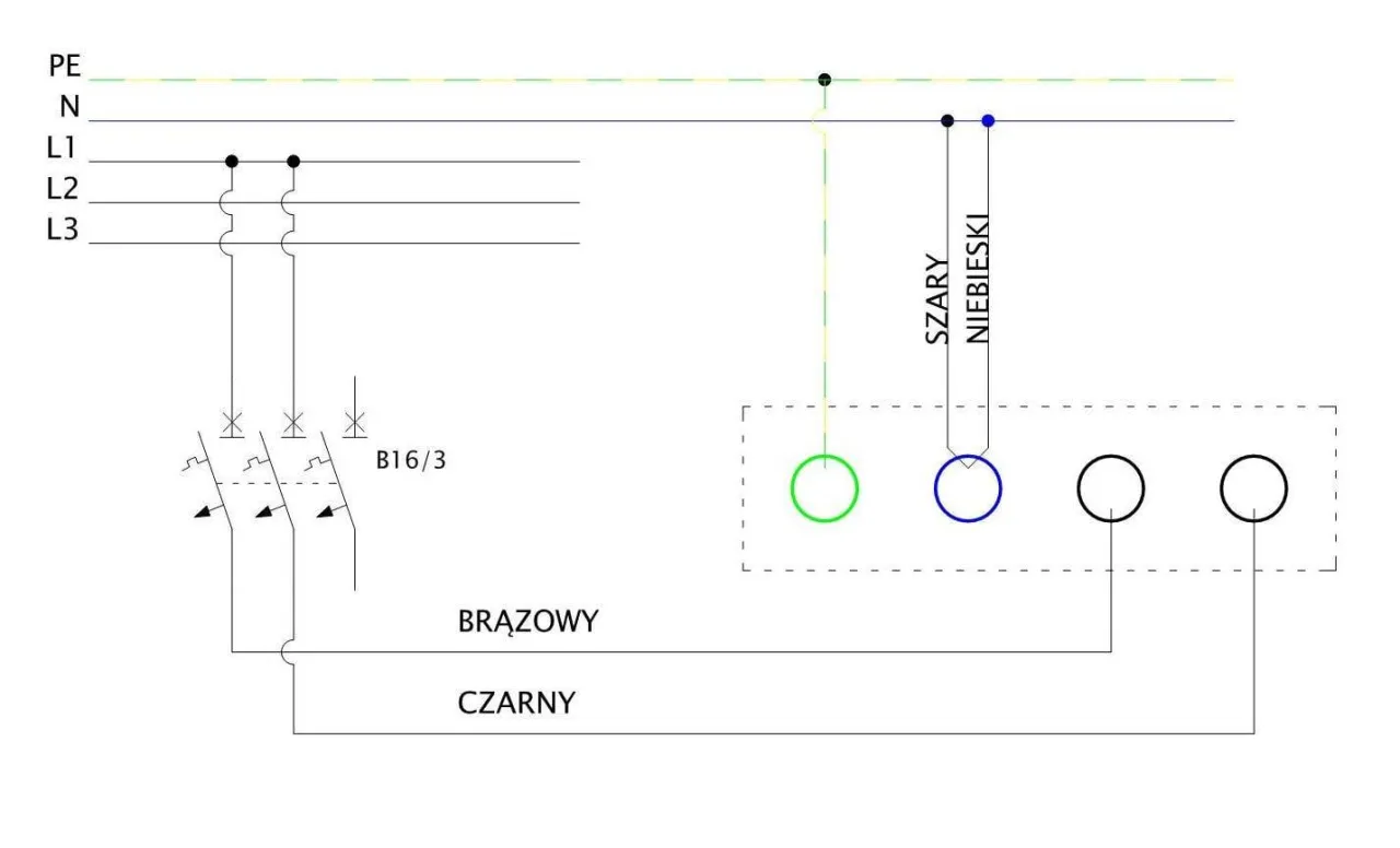 Schemat instalacji elektrycznej z bezpiecznikiem B16/3. Określenie mocy dla bezpiecznika c16 ile kw jest kluczowe dla prawidłowego doboru zabezpieczeń.
