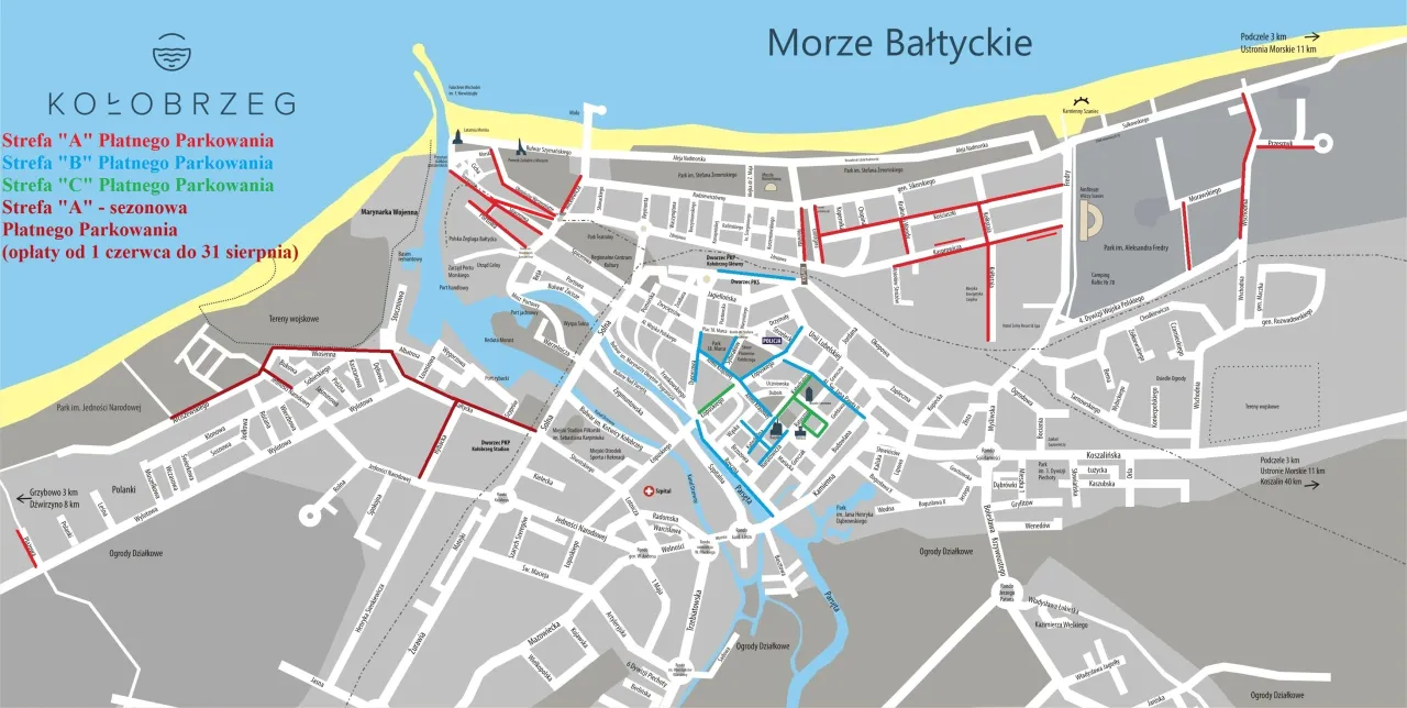 Mapa Kołobrzegu z zaznaczonymi strefami płatnego parkowania. Sprawdź, gdzie zaparkować w Kołobrzegu, aby uniknąć mandatów.