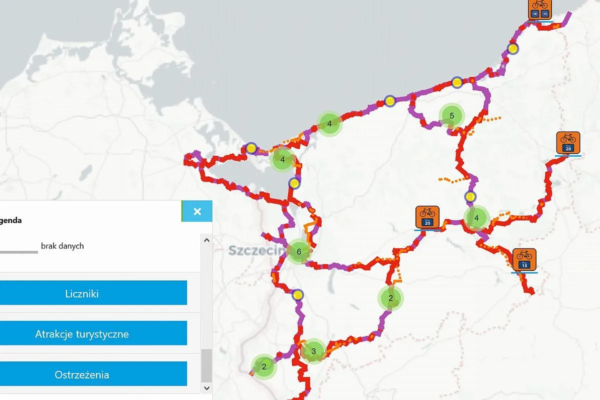Mapa tras rowerowych Pomorza Zachodniego