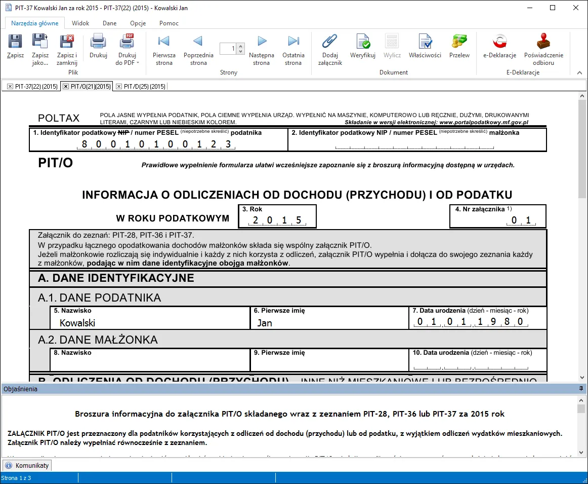 PIT/O załącznik rubryka ulga na leki zaznaczona