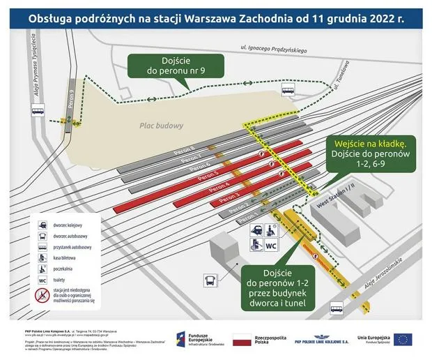 Mapa dworca Warszawa Zachodnia nowy układ peron&oacute;w podmiejskich