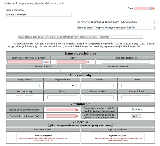 Formularz oświadczenia o zatrudnieniu kierowc&oacute;w GITD