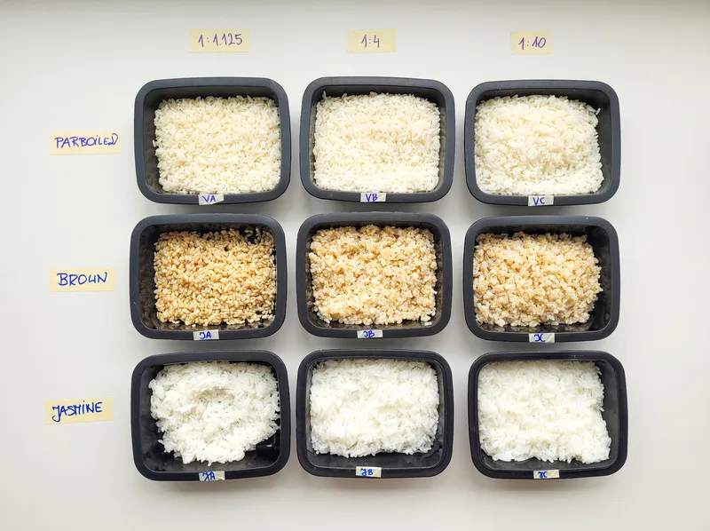 r&oacute;żne rodzaje ryżu i garnek