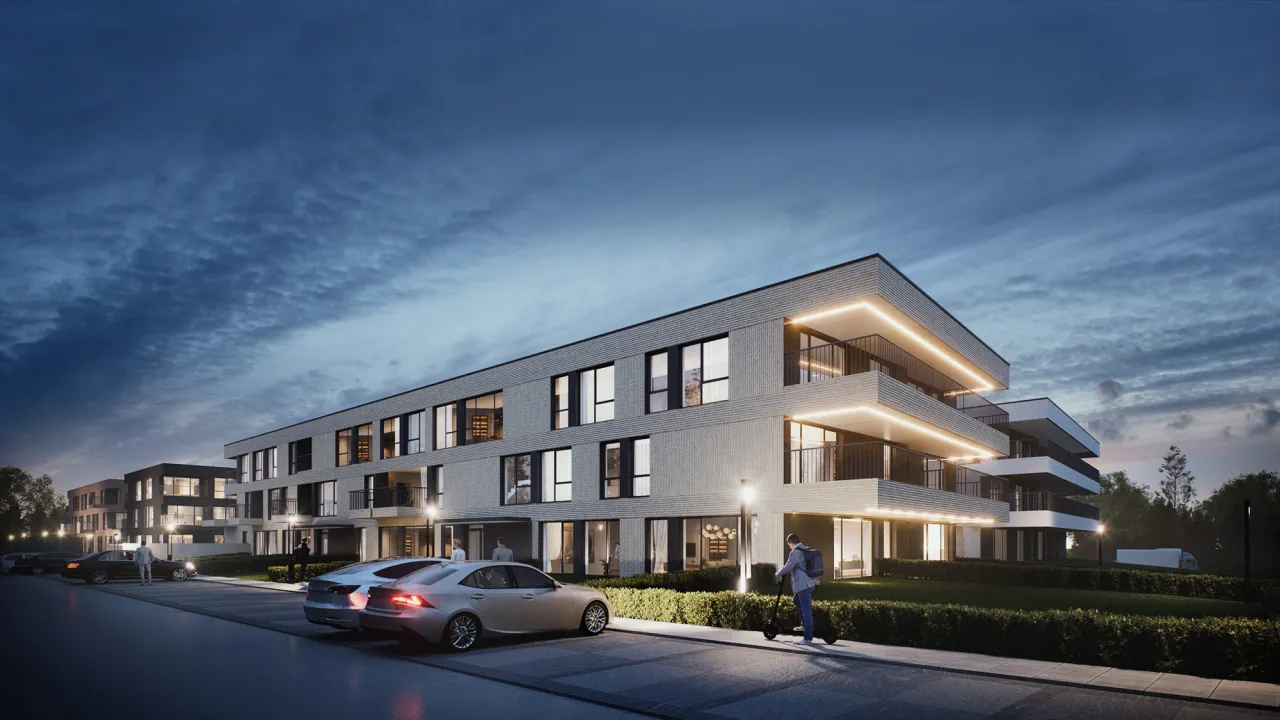 Wizualizacja bloku mieszkalnego w średnim mieście