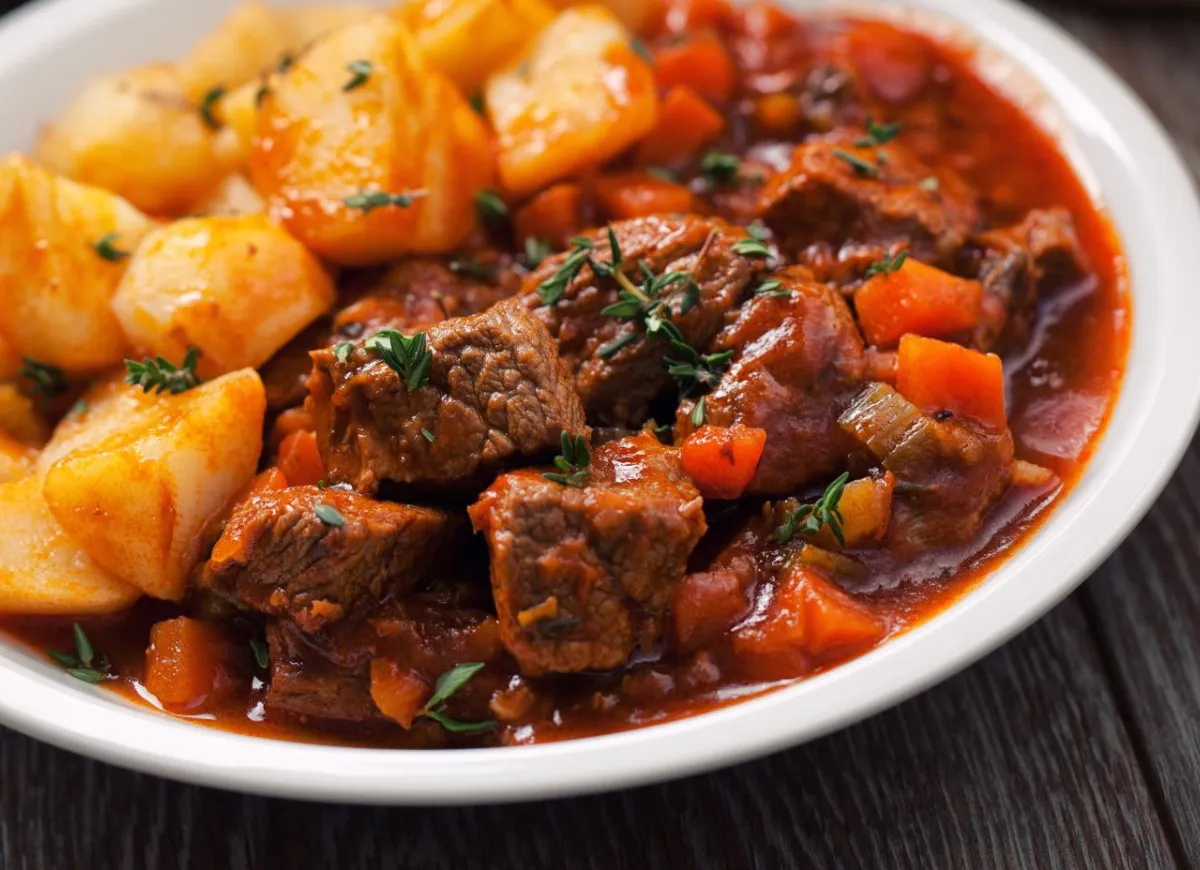 Goleń wołowa idealnie nadaje się na gulasz. Danie z soczystymi kawałkami mięsa, warzywami i ziemniakami, udekorowane ziołami.