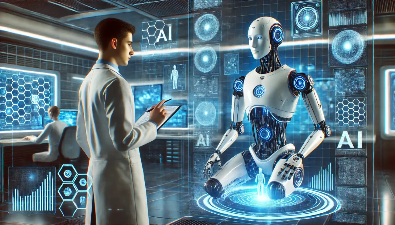 Młody naukowiec analizuje dane na tablecie, obserwując robota i hologramy, co pokazuje, gdzie jest wykorzystywana sztuczna inteligencja w zaawansowanych badaniach.