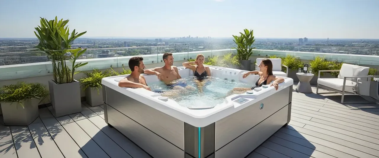 Cztery osoby relaksują się w nowoczesnych wannach spa ogrodowych na tarasie z widokiem na miasto.