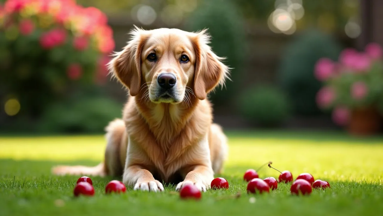 Złoty retriever leży na trawie, otoczony czereśniami. Czy pies może jeść czereśnie? To pytanie nurtuje wielu właścicieli czworonog&oacute;w.