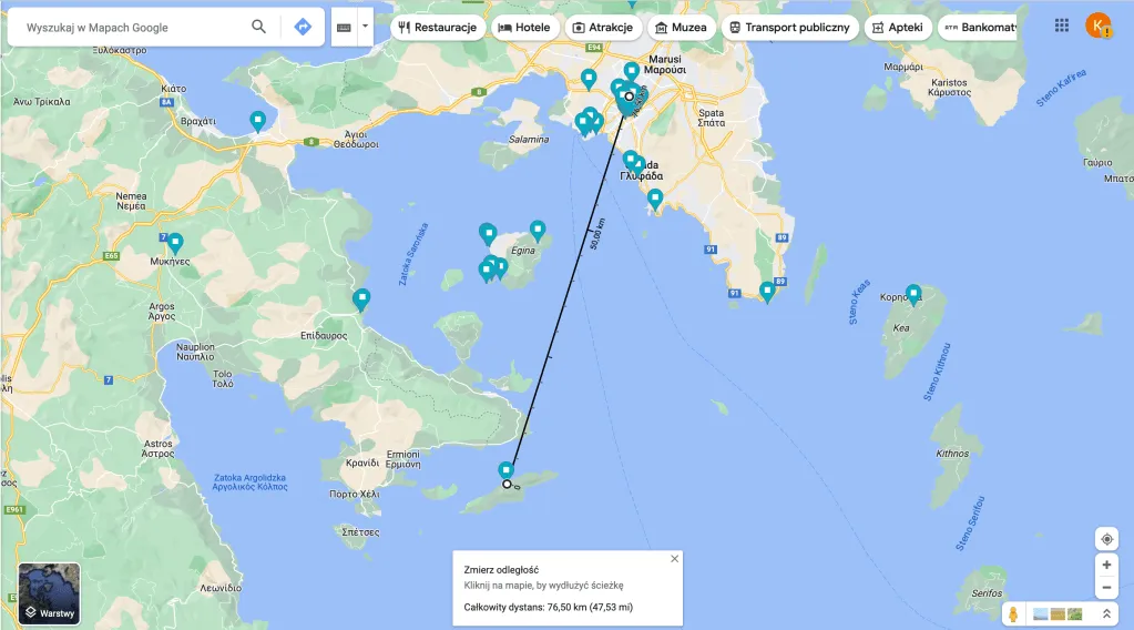 Mapa trasy Polska Ateny Hydra