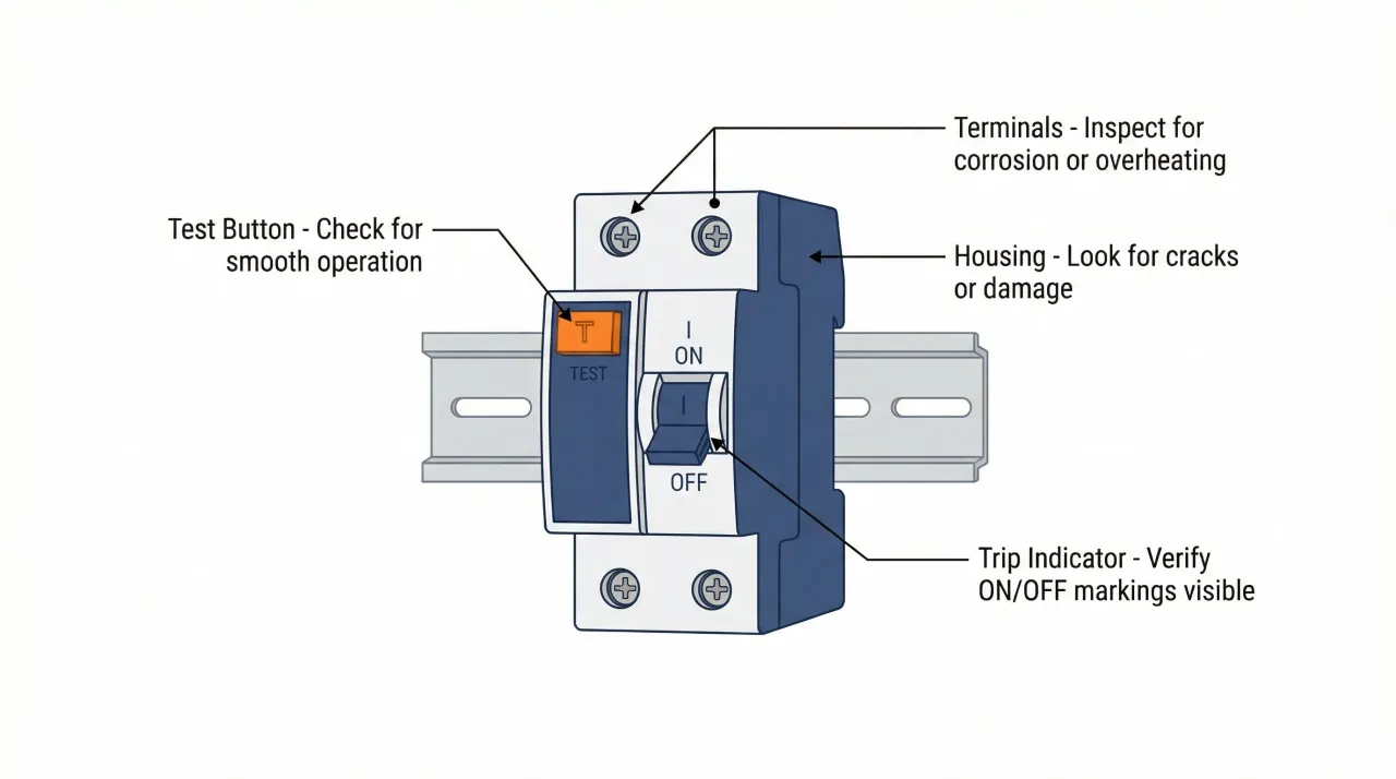 R&oacute;żnic&oacute;wka typu F na szynie DIN, z przyciskiem testowym, przełącznikiem ON/OFF i wskaźnikiem zadziałania.
