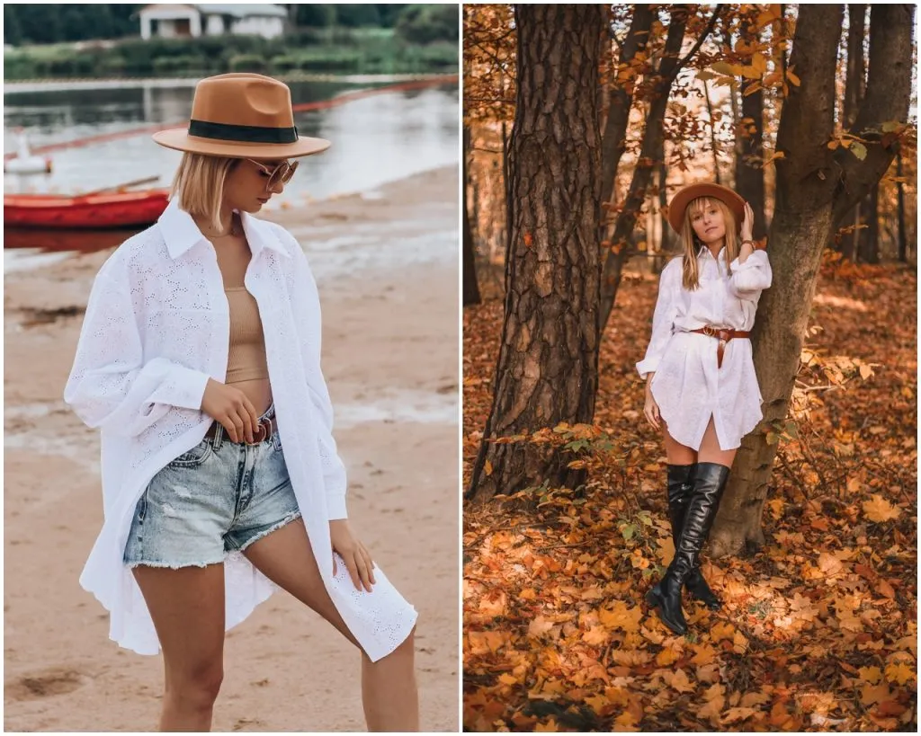 stylizacja z białą koszulą narzuconą na kombinezon