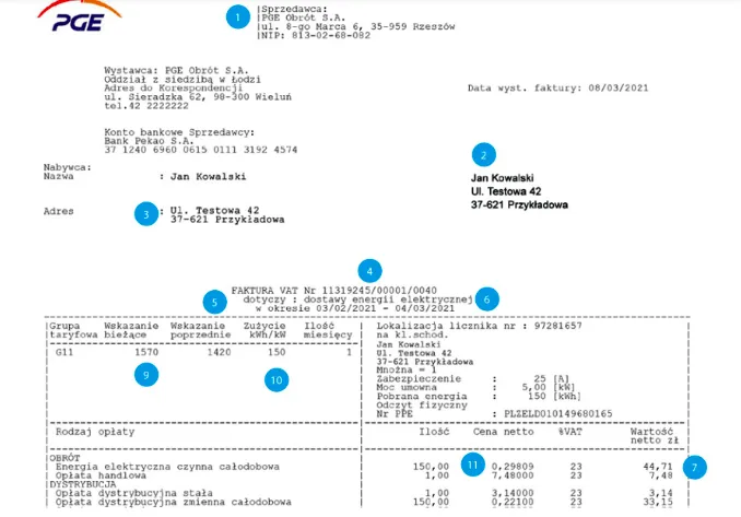 wz&oacute;r rachunku za prąd PGE z zaznaczonym okresem rozliczeniowym