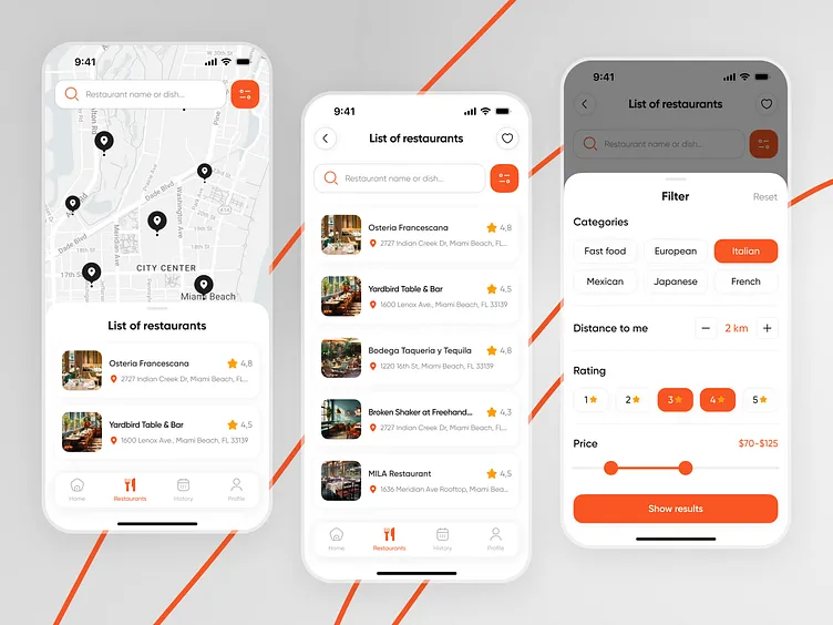Restaurant-Such-App-Oberfl&auml;che mit Karte und Filtern