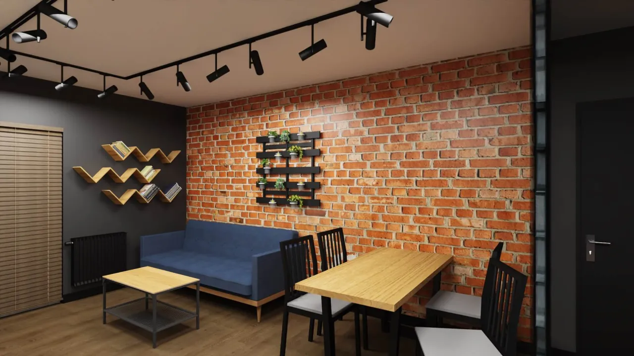 granatowa kanapa ściana cegła drewno beton