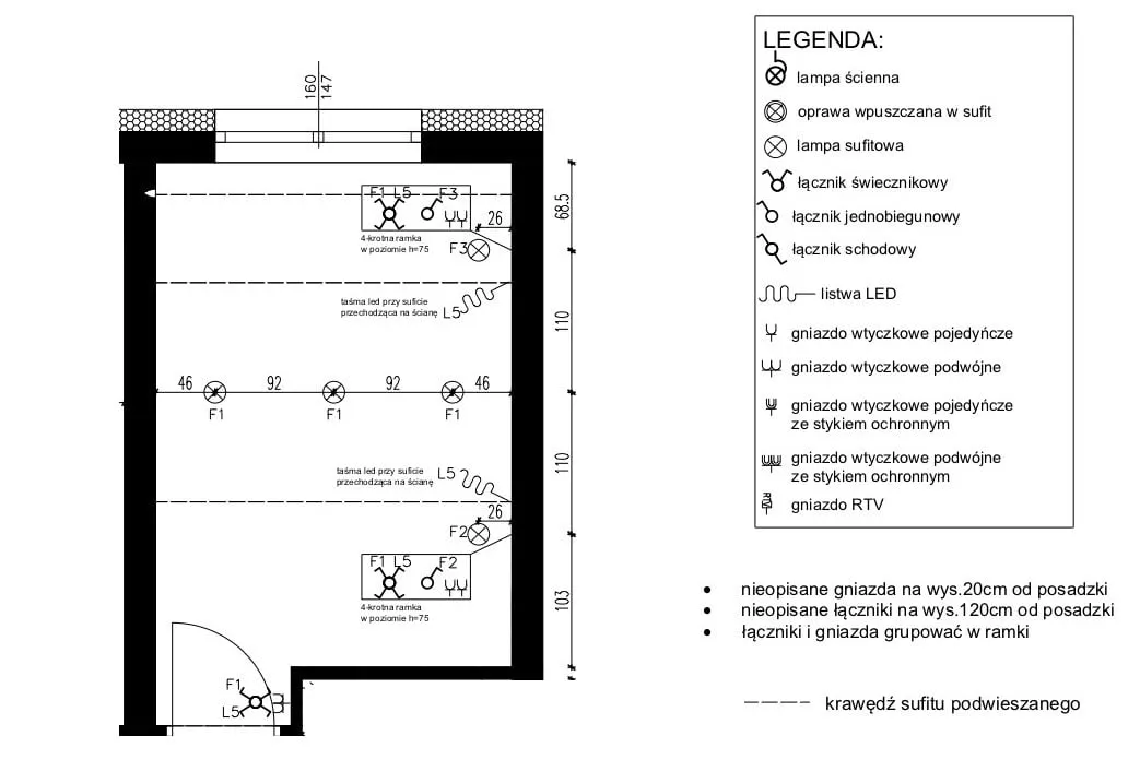 plan sypialni z rozmieszczeniem gniazdek, schemat instalacji elektrycznej sypialnia