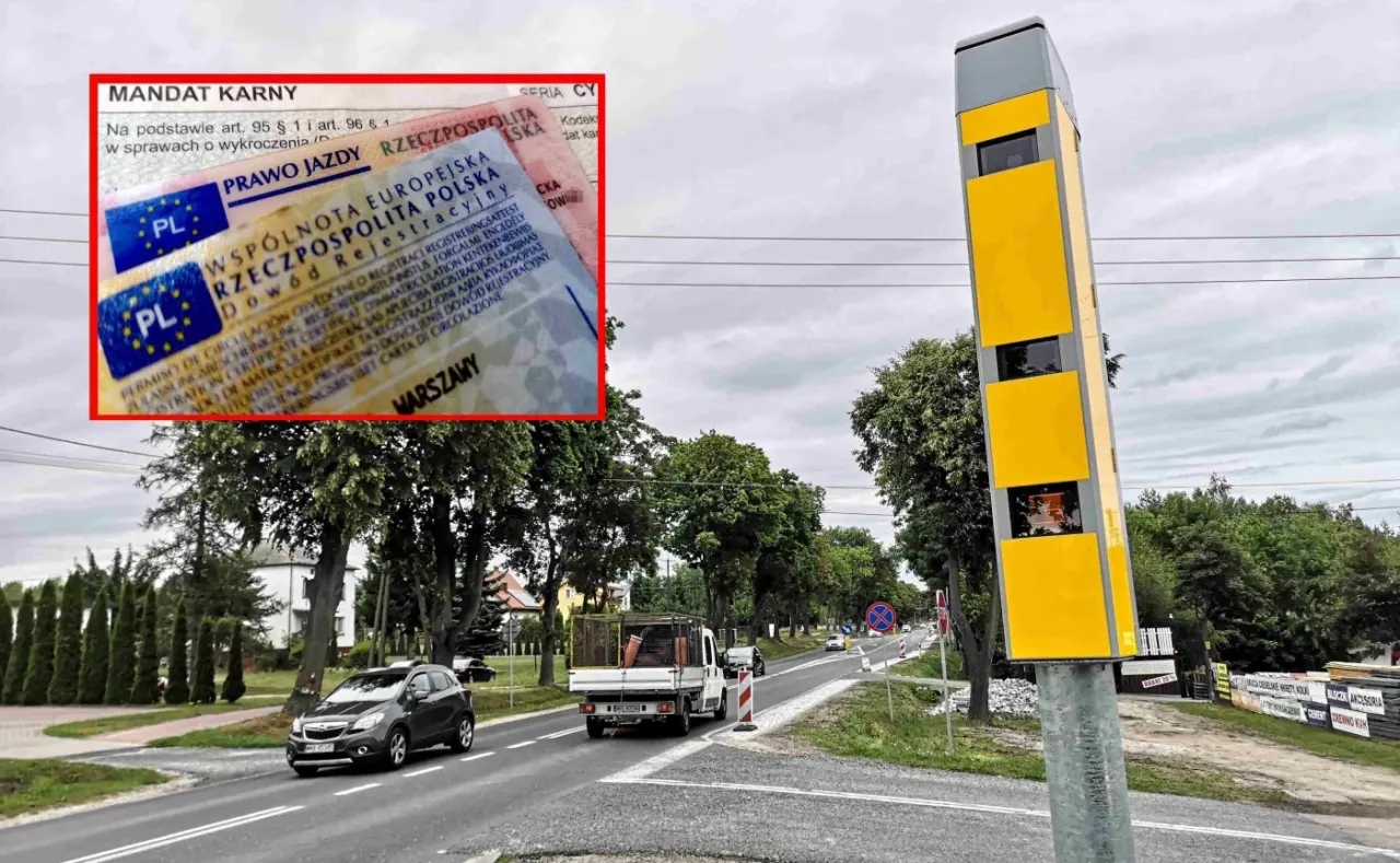 Fotoradar na drodze, obok mandat i prawo jazdy. Czy fotoradar łapie w dwie strony?