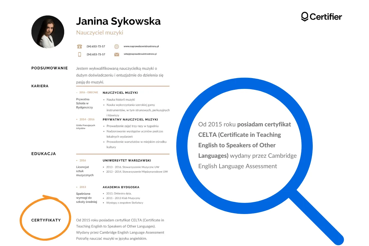przykłady wpisów certyfikatów w CV