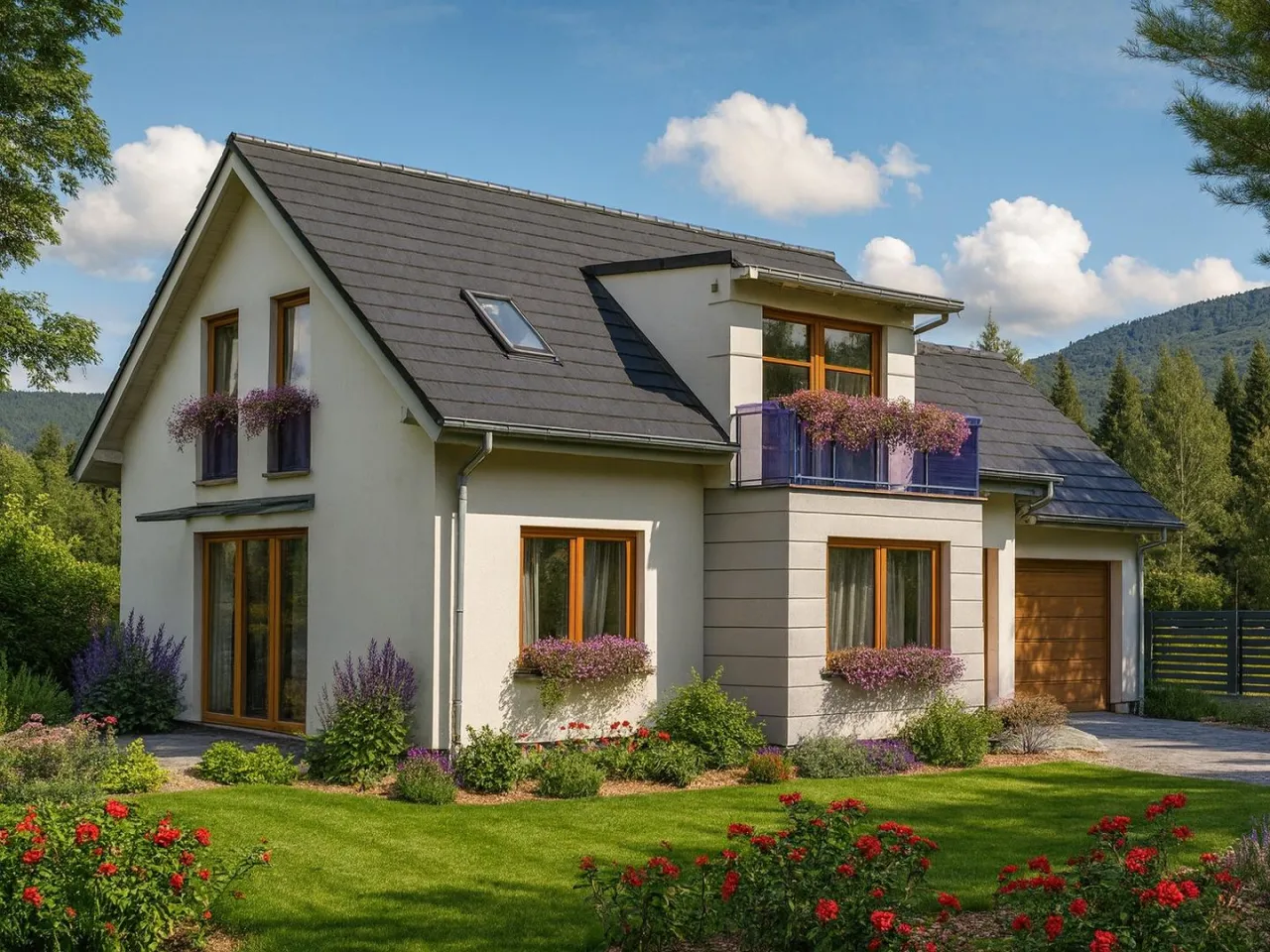 Piękny dom szkieletowy z ogrodem i balkonem. Czy warto budować dom szkieletowy? Ten dom wygląda na idealny wybór.