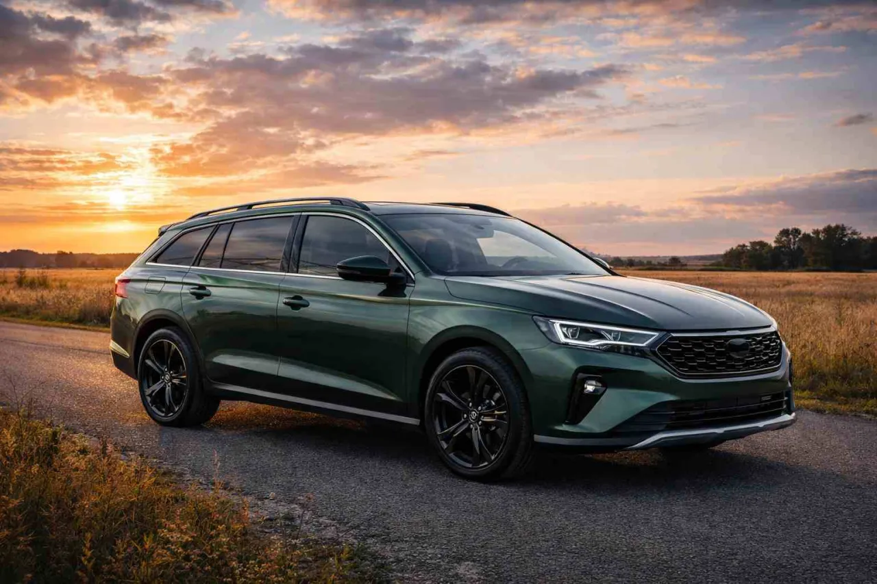 Zielony kombivan na tle zachodzącego słońca, idealne auto na długie trasy.