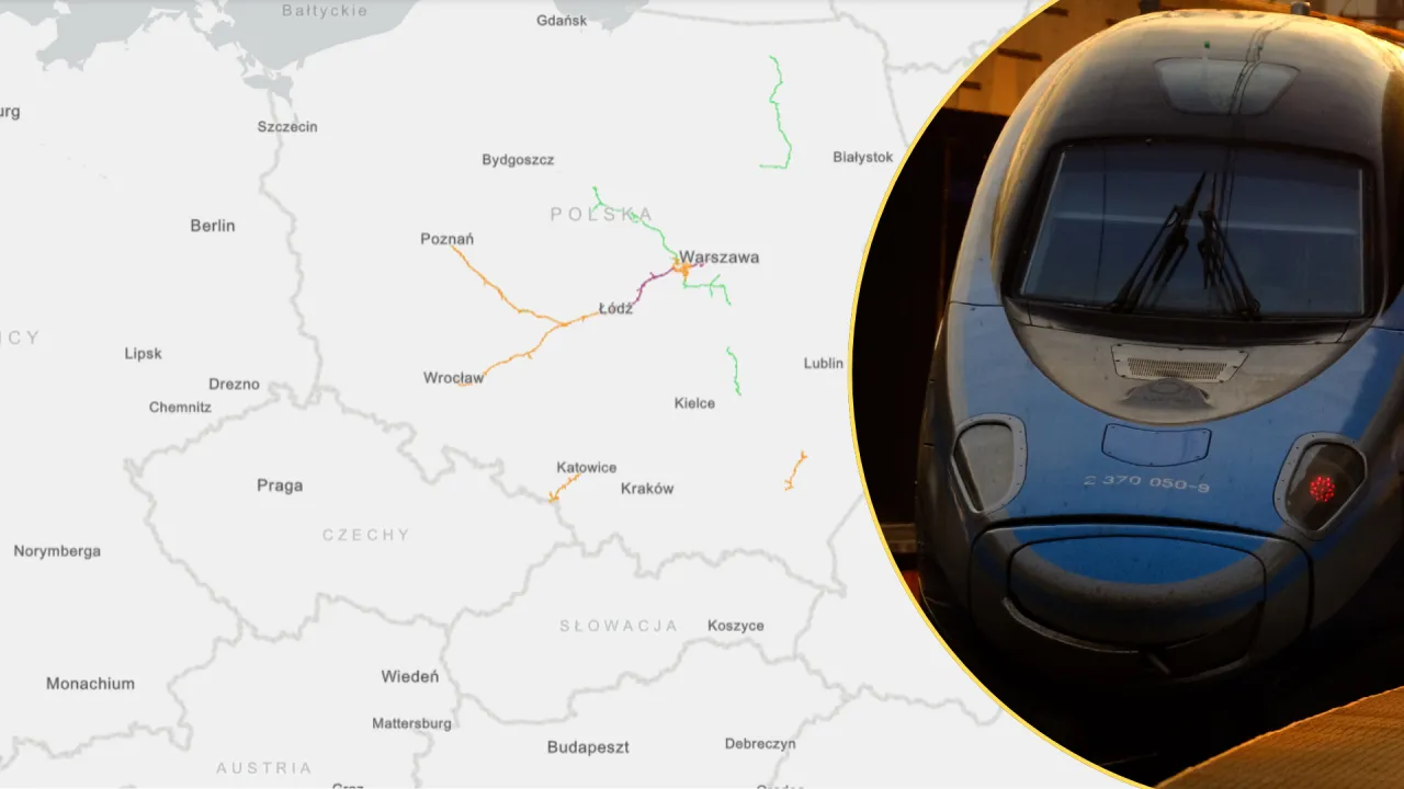 Mapa Polski z zaznaczonymi głównymi lotniskami, dworcami kolejowymi i autostradami